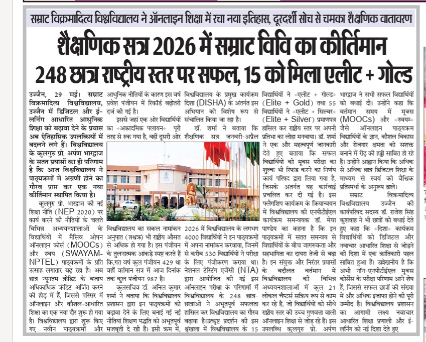 सम्राट विक्रमादित्य विश्वविद्यालय - 248 छात्र राष्ट्रीय स्तर पर सफल